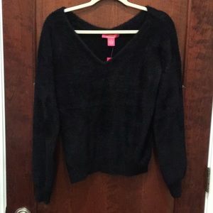 Catherine Malandrino Black V neck fuzzy sweater